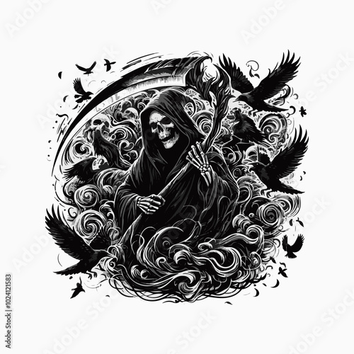 Grim Reaper’s Scythe vector illustration fort shirt design, banner design, greetings card design. Death grim reaper