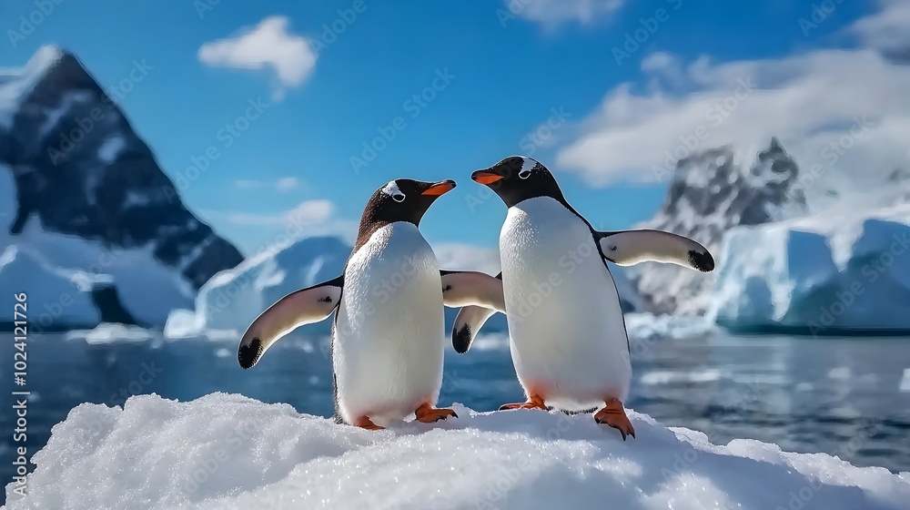 Obraz premium Penguins Waddling Across Icy Terrain in the Majestic Antarctic Landscape with the Vast Ocean in the Background