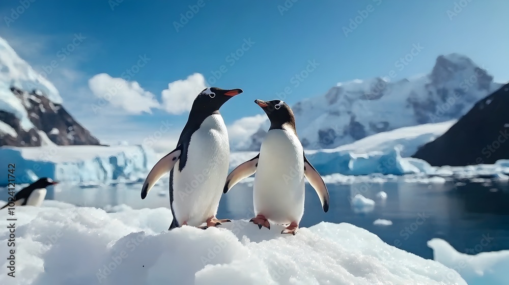 Obraz premium A group of penguins waddling across the icy snow covered terrain of the Antarctic continent with the vast deep blue waters of the Antarctic Ocean visible in the background