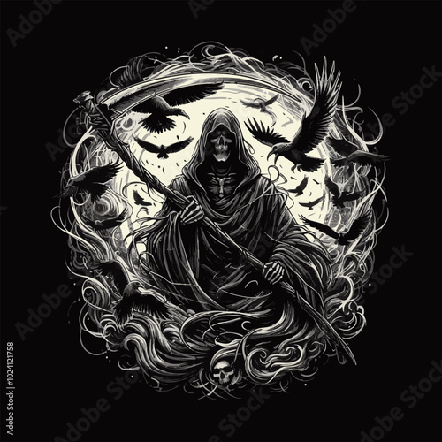 Grim Reaper’s Scythe vector illustration fort shirt design, banner design, greetings card design. Death grim reaper