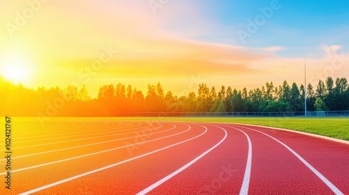 A serene running track in a stadium, bathed in the warm hues of a vibrant sunset, perfect for athletic pursuits.