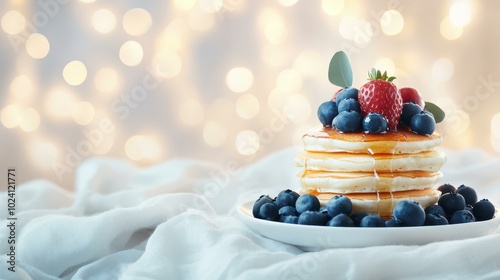 Fluffy pancakes drizzled with sweet honey create a cozy breakfast vibe, perfect for starting your morning right. photo