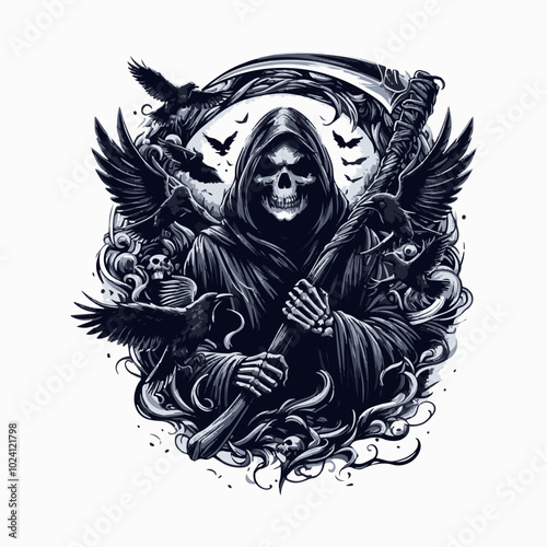 Grim Reaper’s Scythe vector illustration fort shirt design, banner design, greetings card design. Death grim reaper