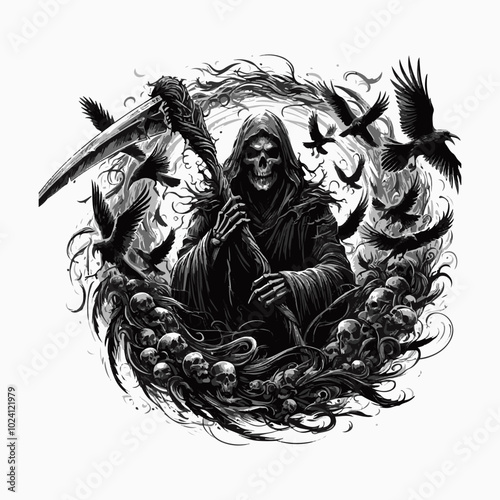 Grim Reaper’s Scythe vector illustration fort shirt design, banner design, greetings card design. Death grim reaper