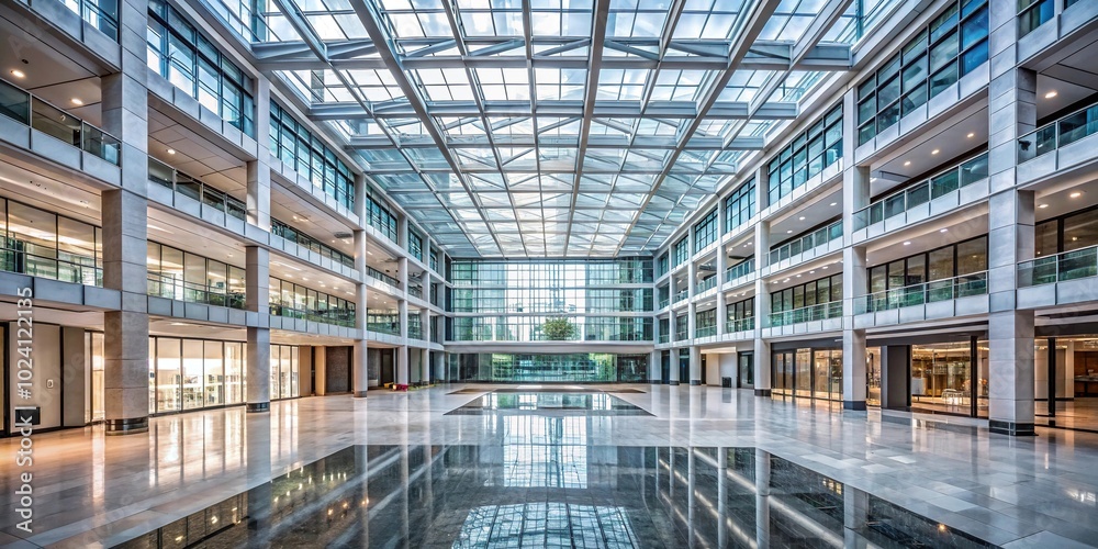 Large empty building with glass facade and open lobby high angle view Large empty building with glass facade and open lobby high angle view