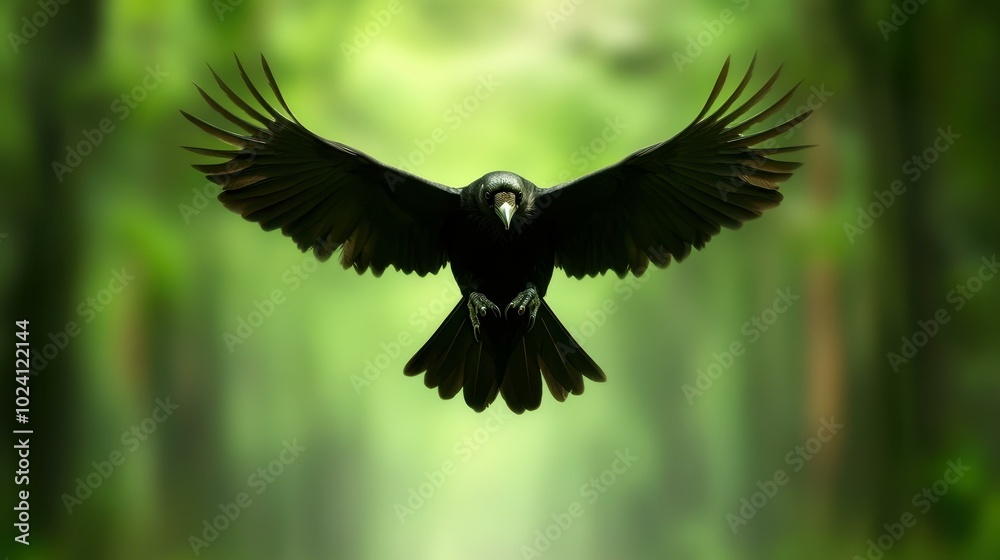 Naklejka premium Majestic black raven soaring through the air, wings wide open, with sharp talons ready, surrounded by a dreamy backdrop.