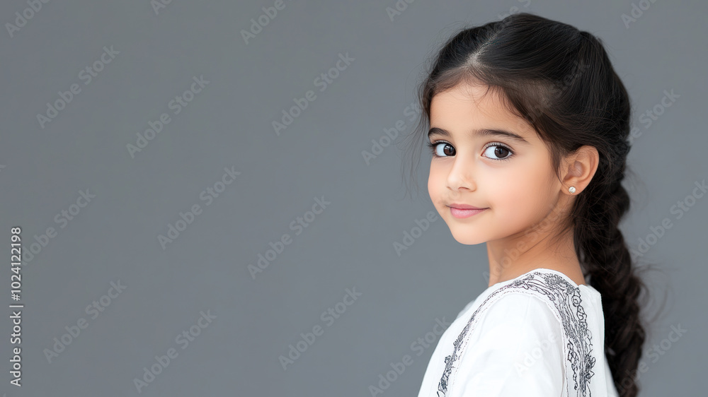 Arabian little girl in traditional kaftan cloth made from luxury fabric Arabian little girl in traditional kaftan cloth made from luxury fabric