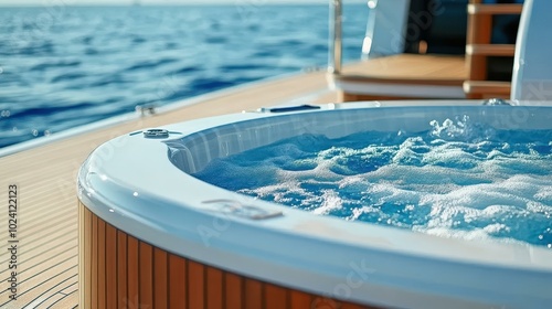 Dive into luxury with this closeup of a yachts jacuzzi, highlighting its sleek design and inviting vibe amidst a soft blur.