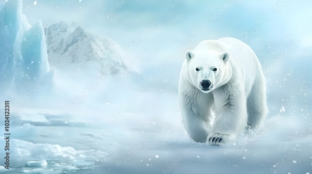 Majestic polar bear walking gracefully across a snow covered Arctic landscape with towering glaciers and icebergs visible in the distance Majestic polar bear walking gracefully across a snow covered Arctic landscape with towering glaciers and icebergs visible in the distance