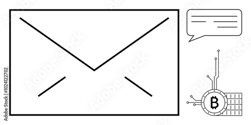Large envelop with speech bubble and Bitcoin symbol connected to blockchain technology. Ideal for cryptocurrency, digital wallets, blockchain technology, fintech solutions, online communication
