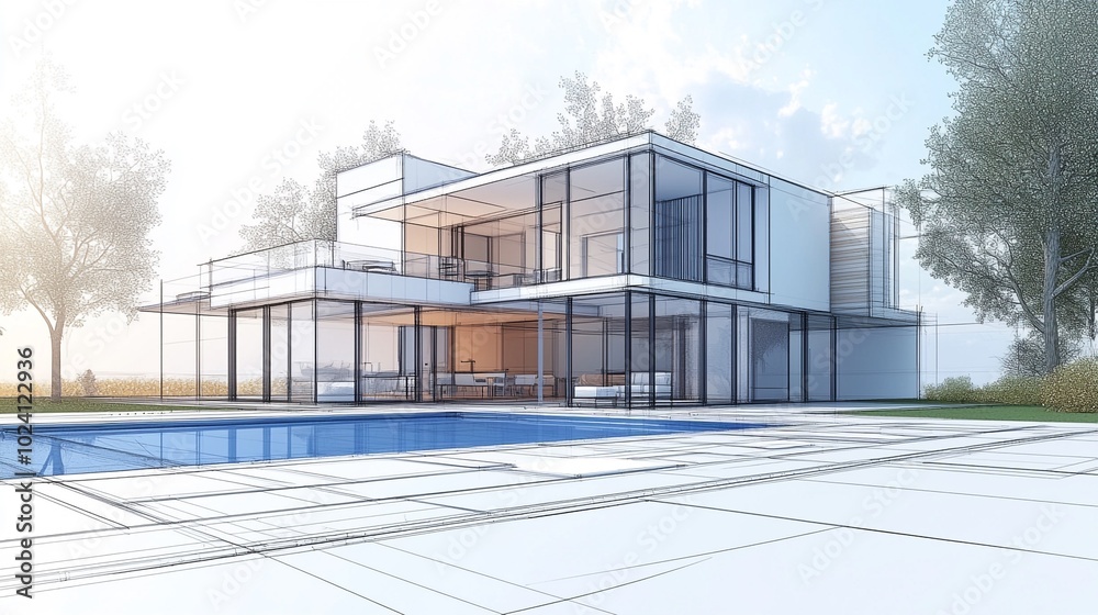 Sleek Contemporary Glass House with Pool in Scenic Nature Landscape Setting