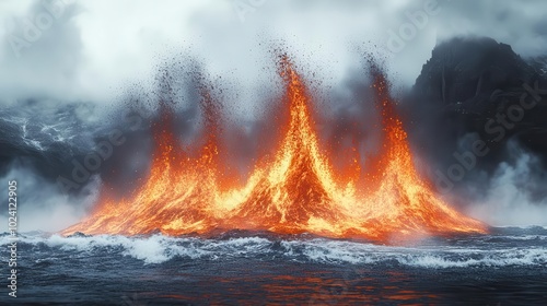 an erupting volcano dramatically contrasts against a pure white background with molten lava bursting forth in a fierce explosion symbolizing natures raw power and unpredictability