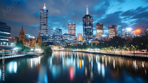 Mesmerizing night scene of a bustling city skyline with towering high rise buildings and skyscrapers illuminated against the dark sky their reflections shimmering on the calm glittering river below