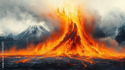 an erupting volcano dramatically contrasts against a pure white background with molten lava bursting forth in a fierce explosion symbolizing natures raw power and unpredictability