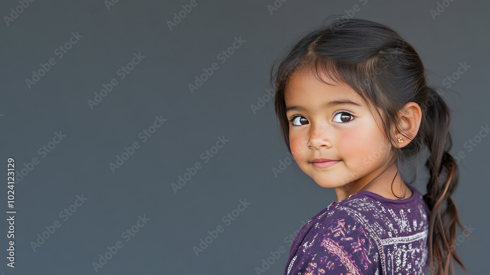 Hispanic little girl in traditional kaftan cloth made from luxury fabric Hispanic little girl in traditional kaftan cloth made from luxury fabric