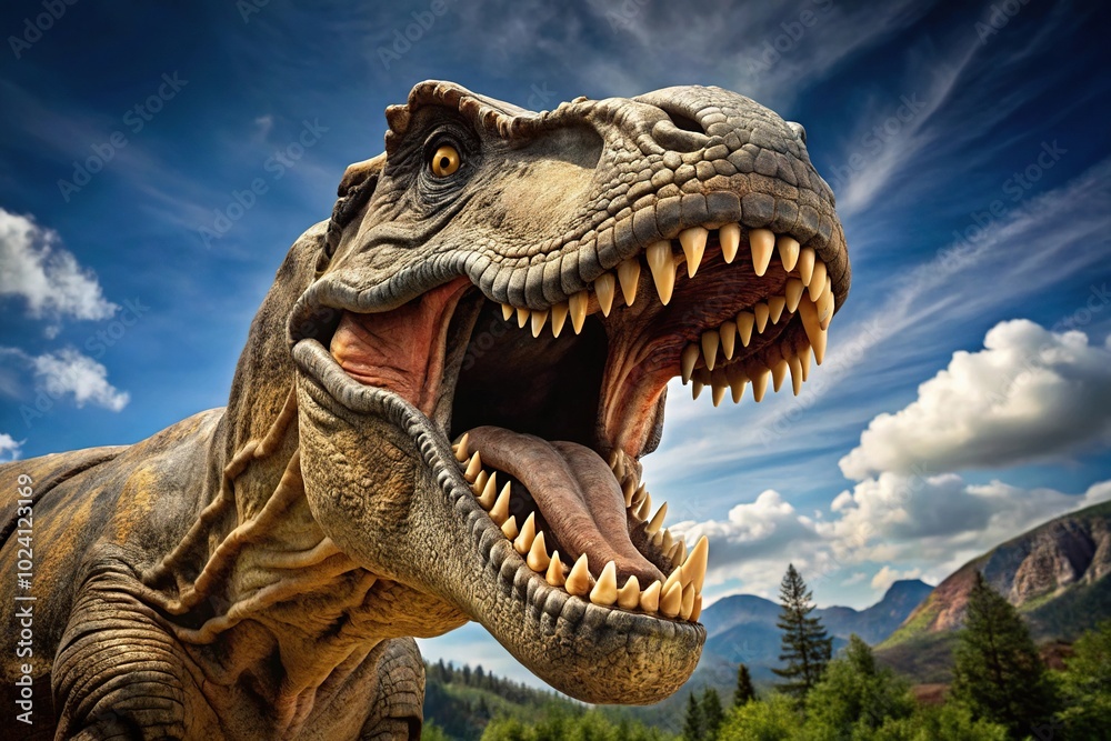Fototapeta premium Large predatory dinosaur with huge teeth in a tilted angle
