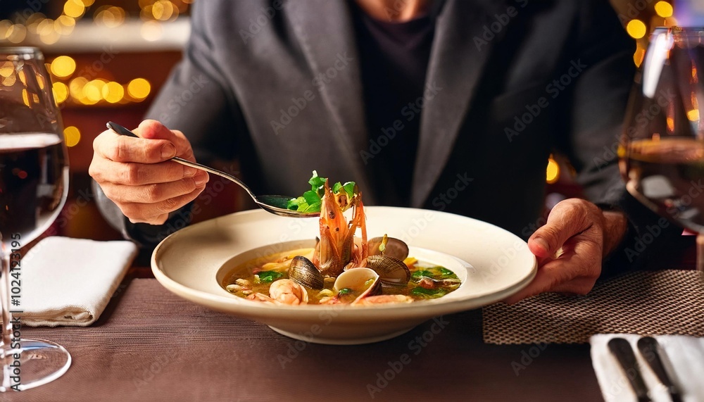 Faceless man eat Cacciucco in restaurant with bokeh background. Italian Food. Faceless man eat Cacciucco in restaurant with bokeh background. Italian Food.