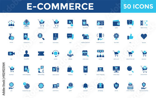 E-commerce icon set with rating, ecommerce, shop local, play video, buy online, voucher, wallet, faqs, digital money icon. Simple flat vector 
