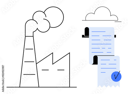 Factory with smokestack and documents connected by cloud. Ideal for industry, environment, data, business, compliance. Simple line-art style