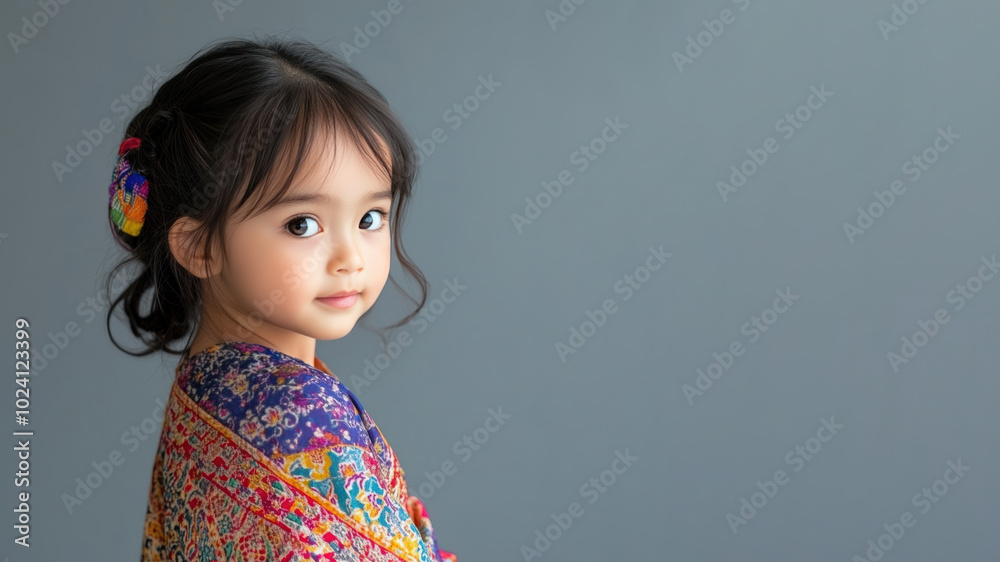 Indonesian little girl in traditional kaftan cloth made from luxury fabric Indonesian little girl in traditional kaftan cloth made from luxury fabric