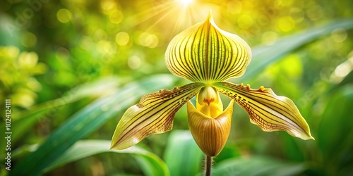 Large yellow flowers of the Paphiopedilum Venus slipper on natural green background photo