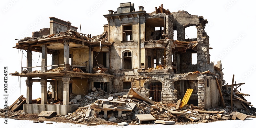 Isolated building in ruins on a transparent background, highlighting architectural photography that captures the essence of decay and abandonment in Isolated building in ruins on a transparent background, highlighting architectural photography that captures the essence of decay and abandonment in
