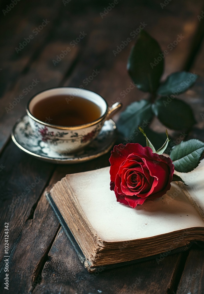 Cozy Autumn Morning with Red Rose Book and Hot Beverage on Wooden Table Cozy Autumn Morning with Red Rose Book and Hot Beverage on Wooden Table