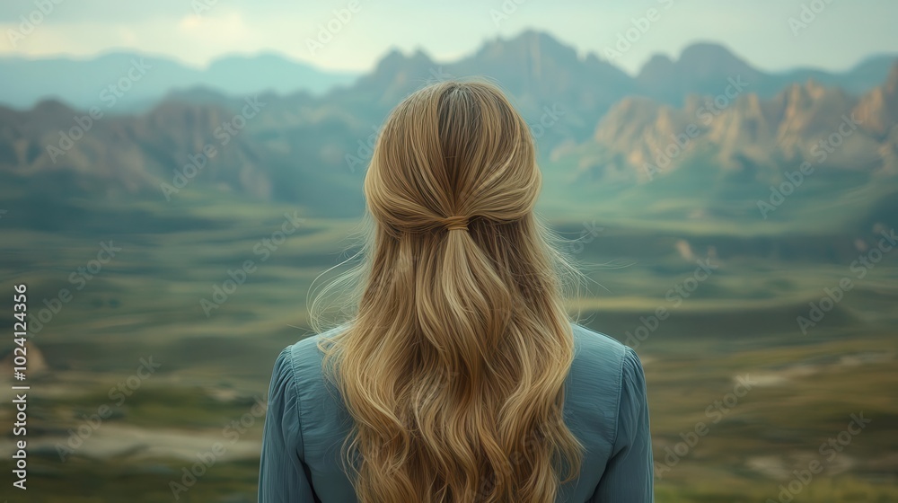 back view of silky blonde straight hair flowing against a breathtaking natural backdrop of mountains capturing a sense of freedom and serenity amidst the beauty of nature in soft warm lighting back view of silky blonde straight hair flowing against a breathtaking natural backdrop of mountains capturing a sense of freedom and serenity amidst the beauty of nature in soft warm lighting