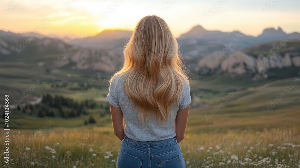back view of silky blonde straight hair flowing against a breathtaking natural backdrop of mountains capturing a sense of freedom and serenity amidst the beauty of nature in soft warm lighting back view of silky blonde straight hair flowing against a breathtaking natural backdrop of mountains capturing a sense of freedom and serenity amidst the beauty of nature in soft warm lighting