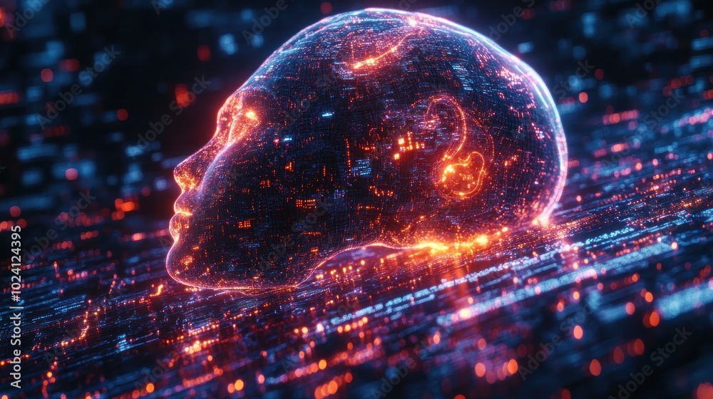A glowing digital head amidst flowing data streams, symbolizing artificial intelligence.