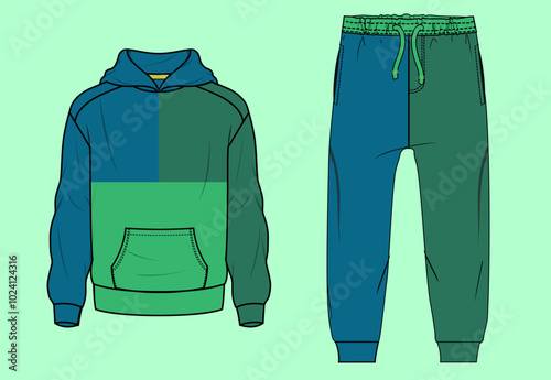 Boys colour block winter drop shoulder hoodie and jogger flat sketch.