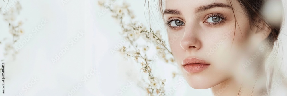 Pensive and Graceful Young Woman with Ethereal Floral Backdrop in Nature Pensive and Graceful Young Woman with Ethereal Floral Backdrop in Nature