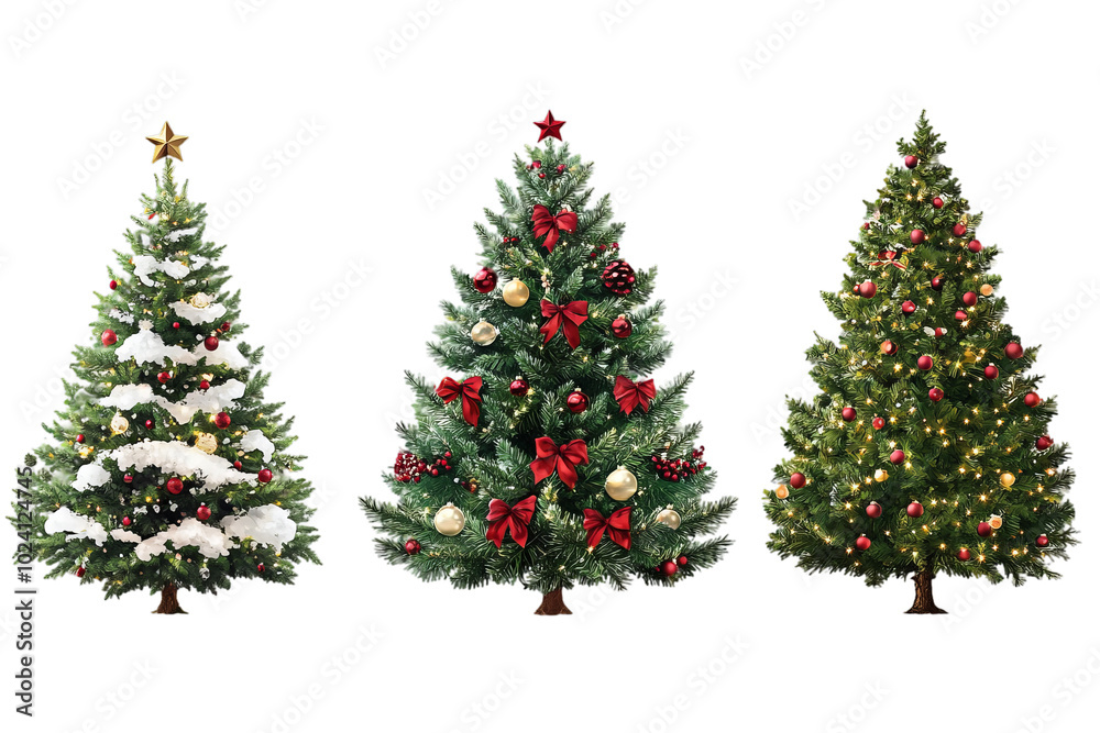 Three Decorated Christmas Trees with Ornaments and Lights