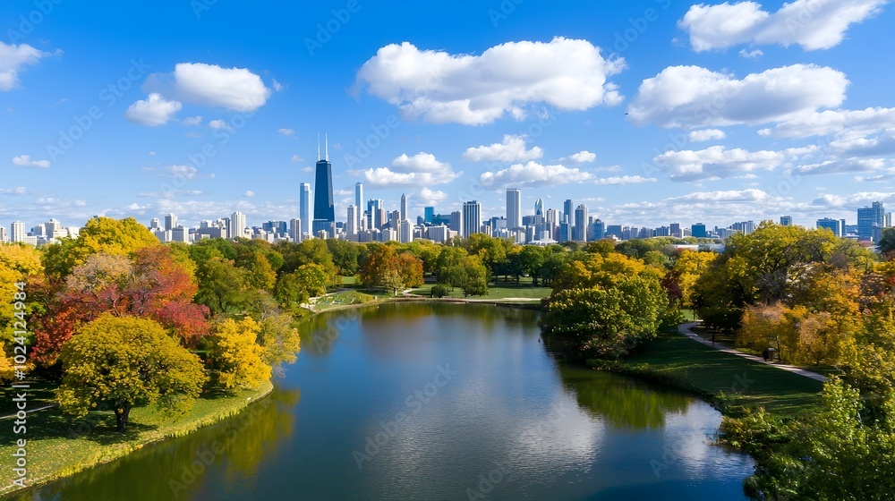 A panoramic view of a large serene urban park with a peaceful lake and the striking city skyline in the distance showcasing the blend of nature and modern architecture A panoramic view of a large serene urban park with a peaceful lake and the striking city skyline in the distance showcasing the blend of nature and modern architecture