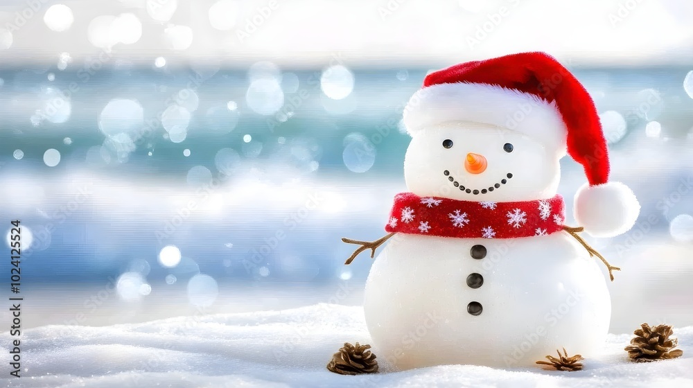 Smiling Snowman in a Santa Hat on a Winter Day Smiling Snowman in a Santa Hat on a Winter Day
