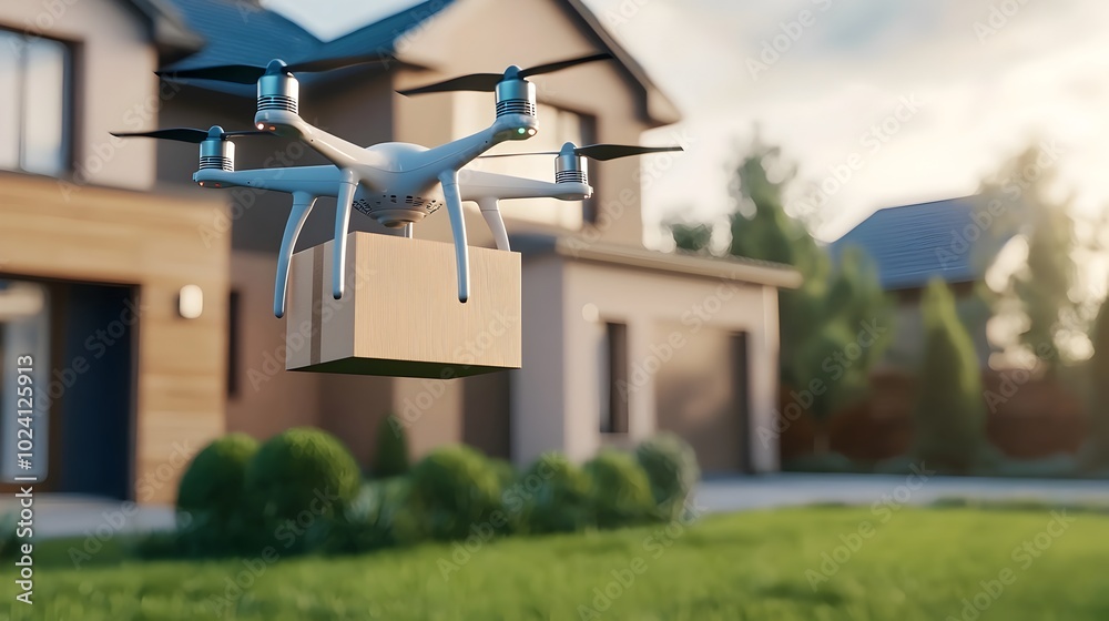 Aerial view of a drone delivering a package to a modern suburban house with lush green lawns and contemporary architectural design in a residential neighborhood Aerial view of a drone delivering a package to a modern suburban house with lush green lawns and contemporary architectural design in a residential neighborhood