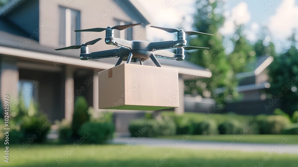Aerial view of a drone delivering a package to a modern suburban house surrounded by lush green lawns and contemporary architectural design Aerial view of a drone delivering a package to a modern suburban house surrounded by lush green lawns and contemporary architectural design