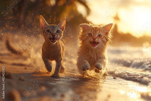 Two playful kittens running on a sandy beach at sunset. photo