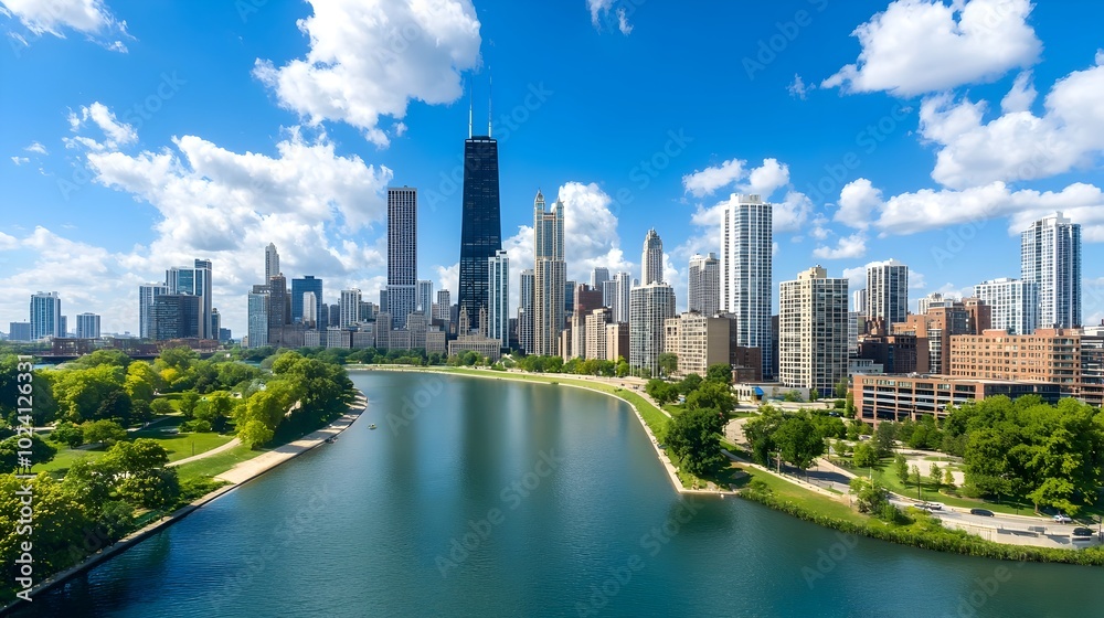 Breathtaking panoramic view of a modern city skyline with towering high rise buildings and a tranquil river winding through the heart of the thriving metropolitan area Breathtaking panoramic view of a modern city skyline with towering high rise buildings and a tranquil river winding through the heart of the thriving metropolitan area