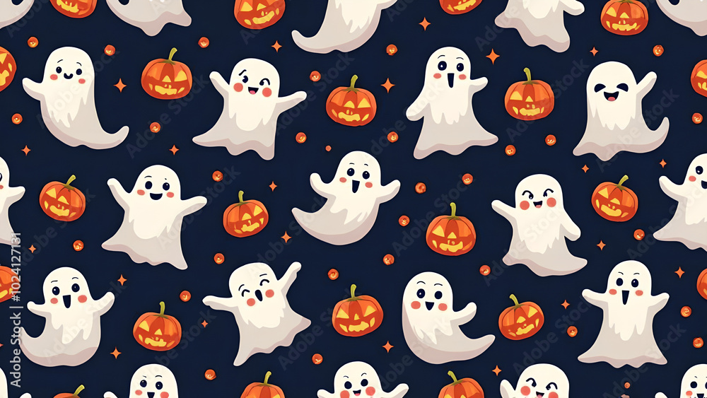 Cute halloween ghosts and pumpkins repeating pattern in vestor illustration Ghostly Halloween Night Cute halloween ghosts and pumpkins repeating pattern in vestor illustration Ghostly Halloween Night