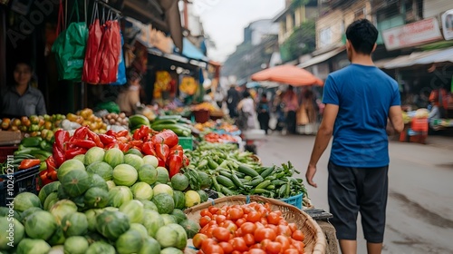 Bustling outdoor marketplace with vendors selling a variety of fresh seasonal produce and unique handmade crafts and goods to a lively engaged crowd of customers