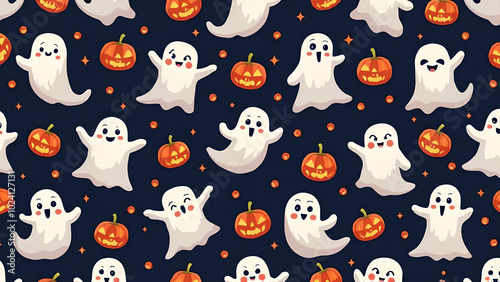 Cute halloween ghosts and pumpkins repeating pattern in vestor illustration Ghostly Halloween Night