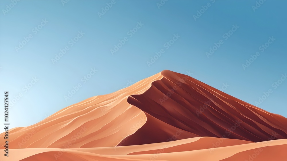 Stunning panoramic view of a vast desert landscape with vibrant red sand dunes stretching out under a cloudless azure blue sky Stunning panoramic view of a vast desert landscape with vibrant red sand dunes stretching out under a cloudless azure blue sky