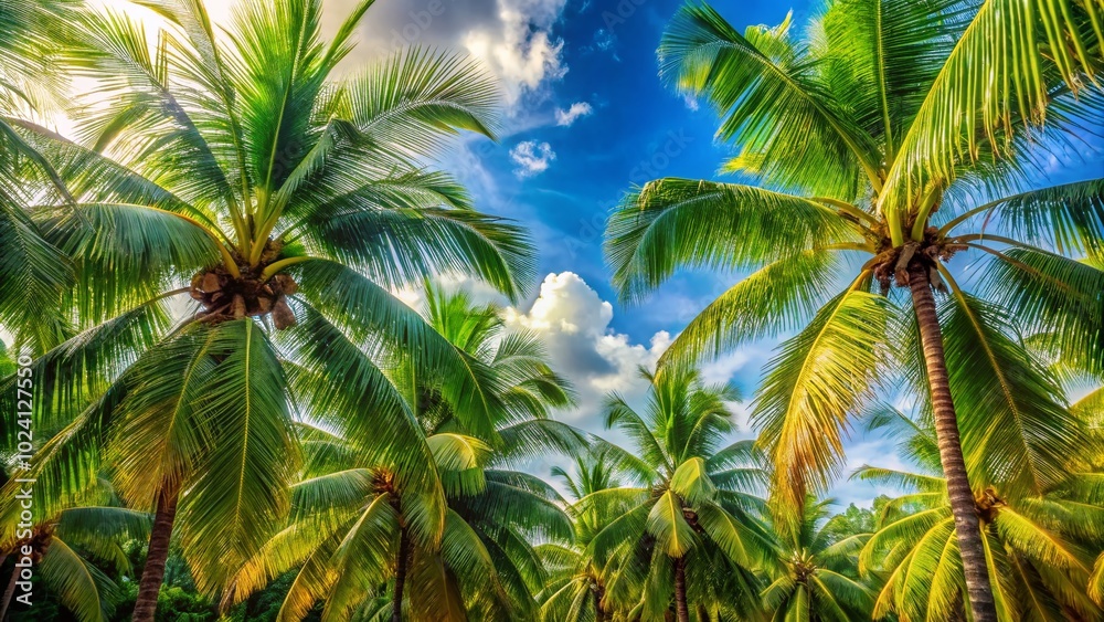 Lush Coconut Trees Against a Bright Blue Sky in Urban Exploration Photography Lush Coconut Trees Against a Bright Blue Sky in Urban Exploration Photography