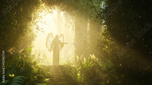 Guiding Light: Angelic Figure Leading Lost Traveler Through Radiant Forest in Christianity Heaven - 3D Render Illustration