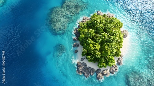 Captivating aerial view showcasing the breathtaking natural beauty of a lush tropical island surrounded by turquoise waters and vibrant coral reefs