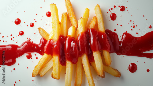 Top view of golden French fries drizzled with vibrant red ketchup on minimalist white background. Fast food and snack theme.  