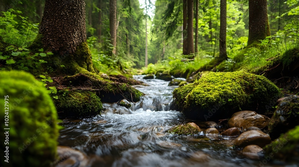 Lush verdant forest with towering trees and a narrow winding stream flowing through moss covered rocks in a tranquil untamed wilderness setting Lush verdant forest with towering trees and a narrow winding stream flowing through moss covered rocks in a tranquil untamed wilderness setting