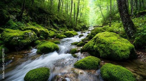 Enchanting dense forest with towering trees and a narrow stream flowing through moss covered rocks in a serene tranquil natural landscape