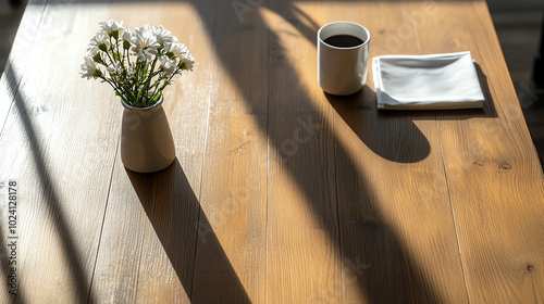 Coffee and flowers on a wooden table photo